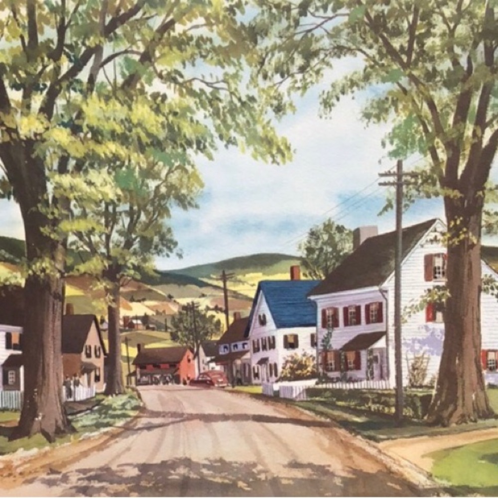 Vintage Watercolor Landscape PEACEFUL VILLAGE Lithograph by John Rogers MCM